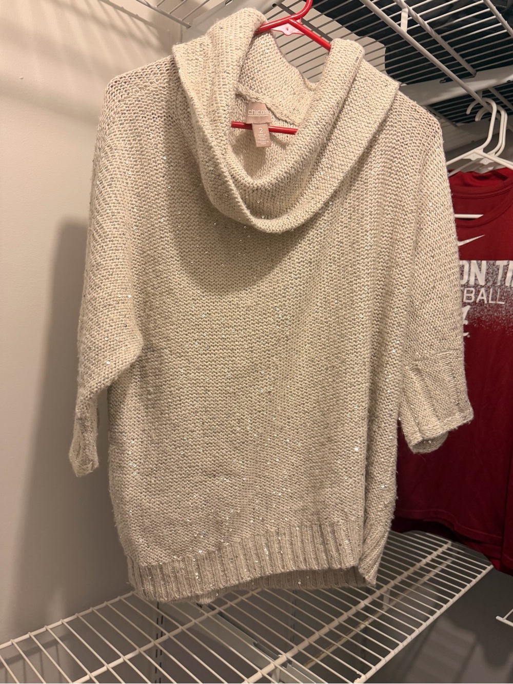 Chico's Cream Cowl-Neck Short-Sleeve Knit Sweater with Subtle Sparkle